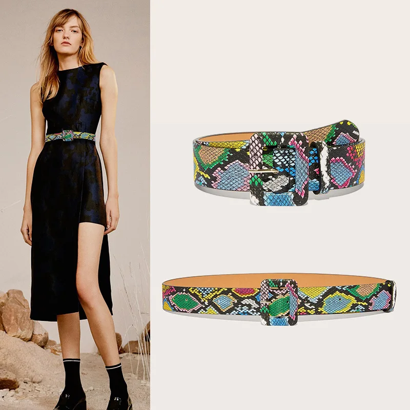 Width 3.5cm pu leather green snake waist dress decorative strap European and American fashion buckle belt chatelaine