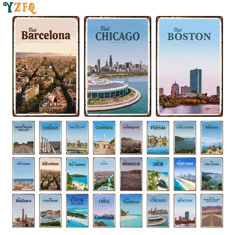 Vintage City Travel Posters LYON JORDAN BOSTON CHICAGO Tin Metal Plate Bar Cafe Living Room Decoration Gft Wholesale DU-12776A