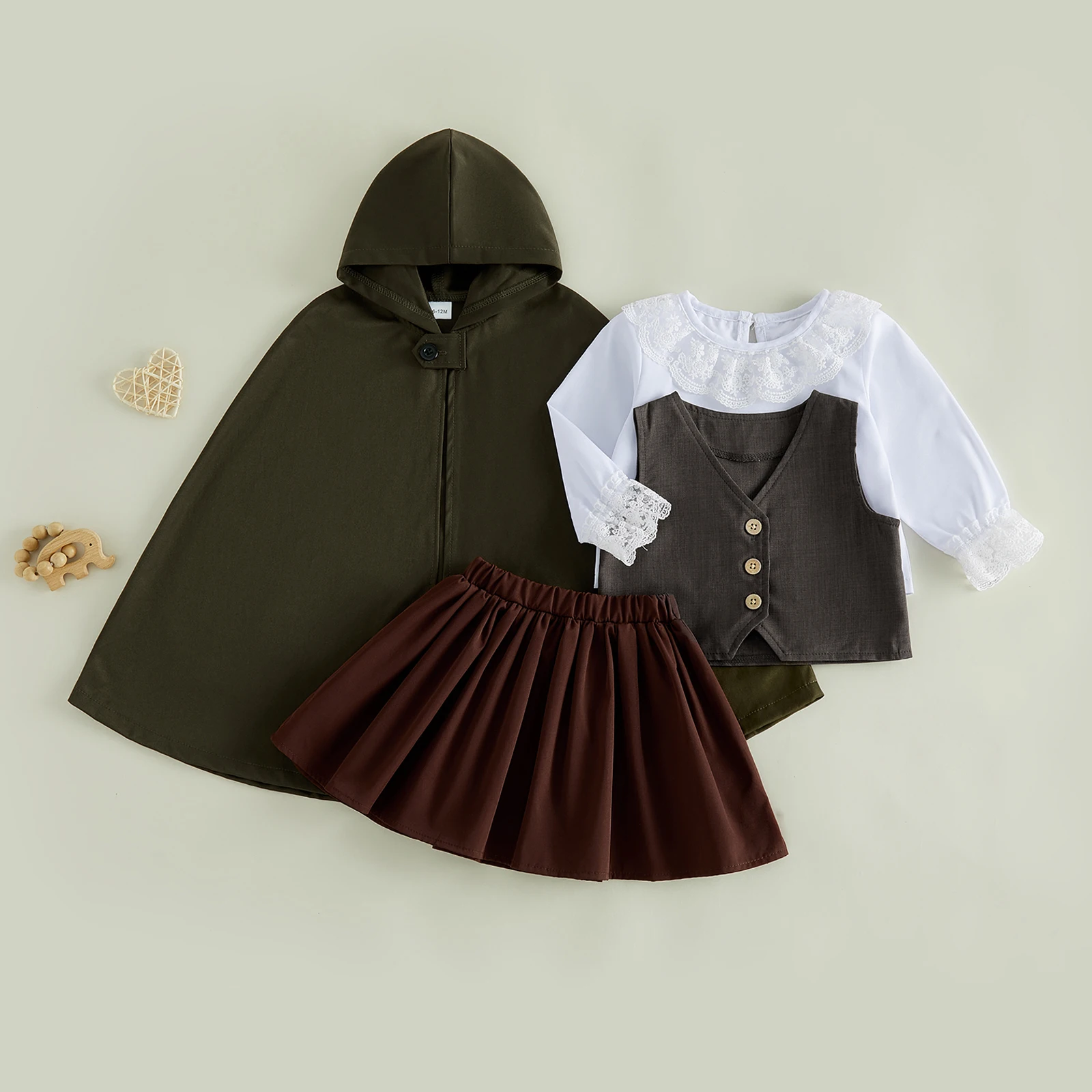 Toddler Girl Renaissance Outfit 4 Piece Set Green Hooded Cape Brown Vest and White Tops Skirt Halloween Medieval Costume view 2
