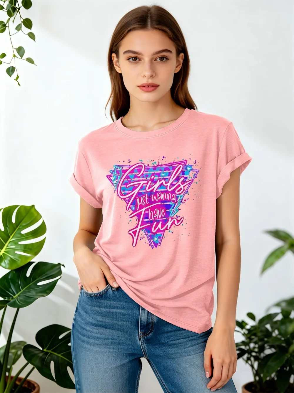 Damen Retro 80er Neon T-Shirt mit „Just Wanna Have Fun“-Grafik, Rundhalsausschnitt, Lässiges Oberteil mit Geometrischem Druck, Casual-Kleidung – Detail 12