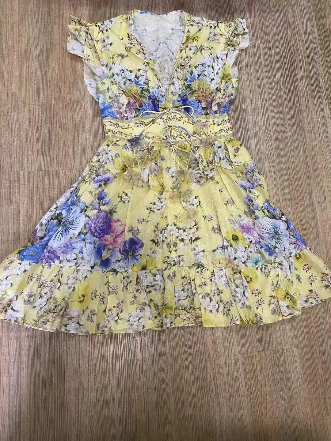 2025年 高品質 高級リネン プリント柄 ショート丈 花柄プリント リネンボイル ミニドレス