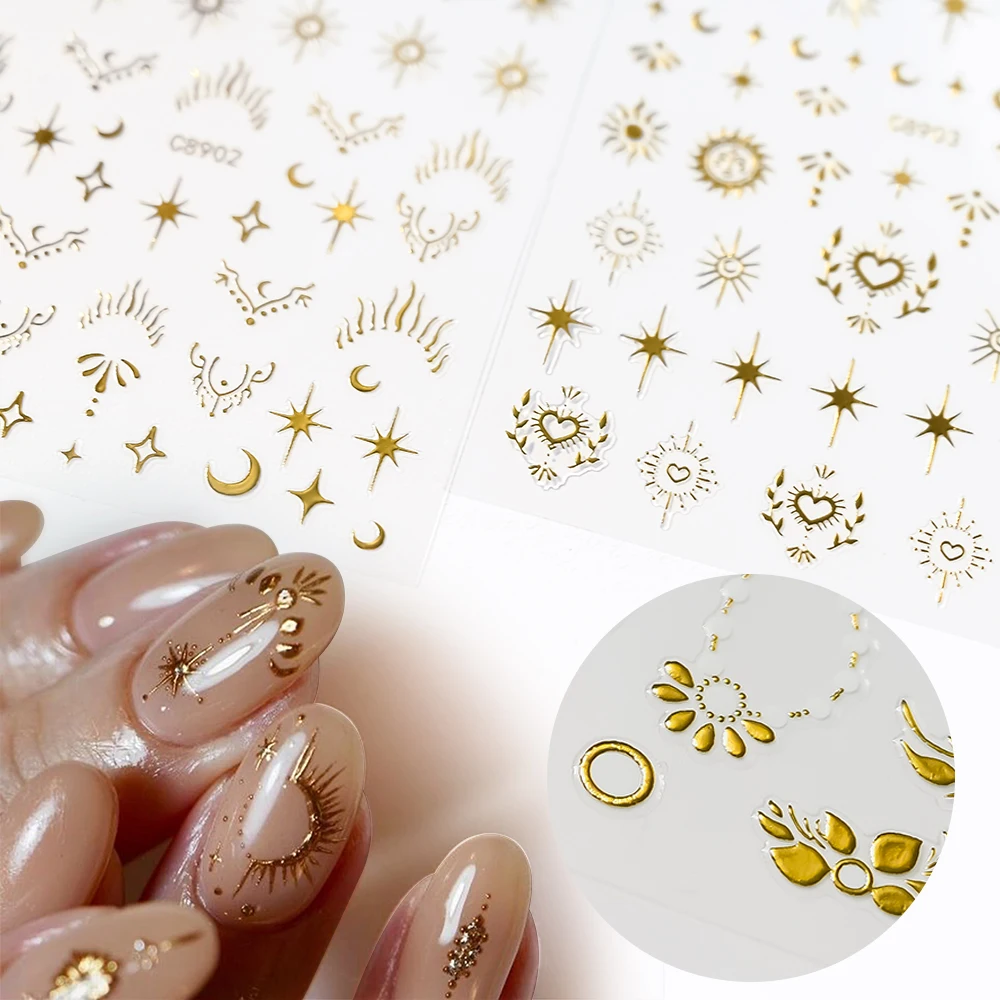 6pcs 3D Gold Sun/Moon/Star Bronzing Nail Art Sticker Laser Metal Star Moon Design 8*10cm Nail Art Decal Self-Adhesive Sliders#YZ