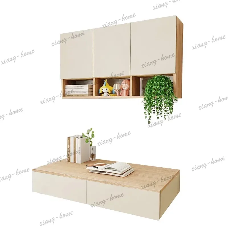 YJ Italian Minimalist Solid Wood Wall Mounted Desk Nordic Creative Floating Computer Table with Wall Cabinet Study Furniture FYF