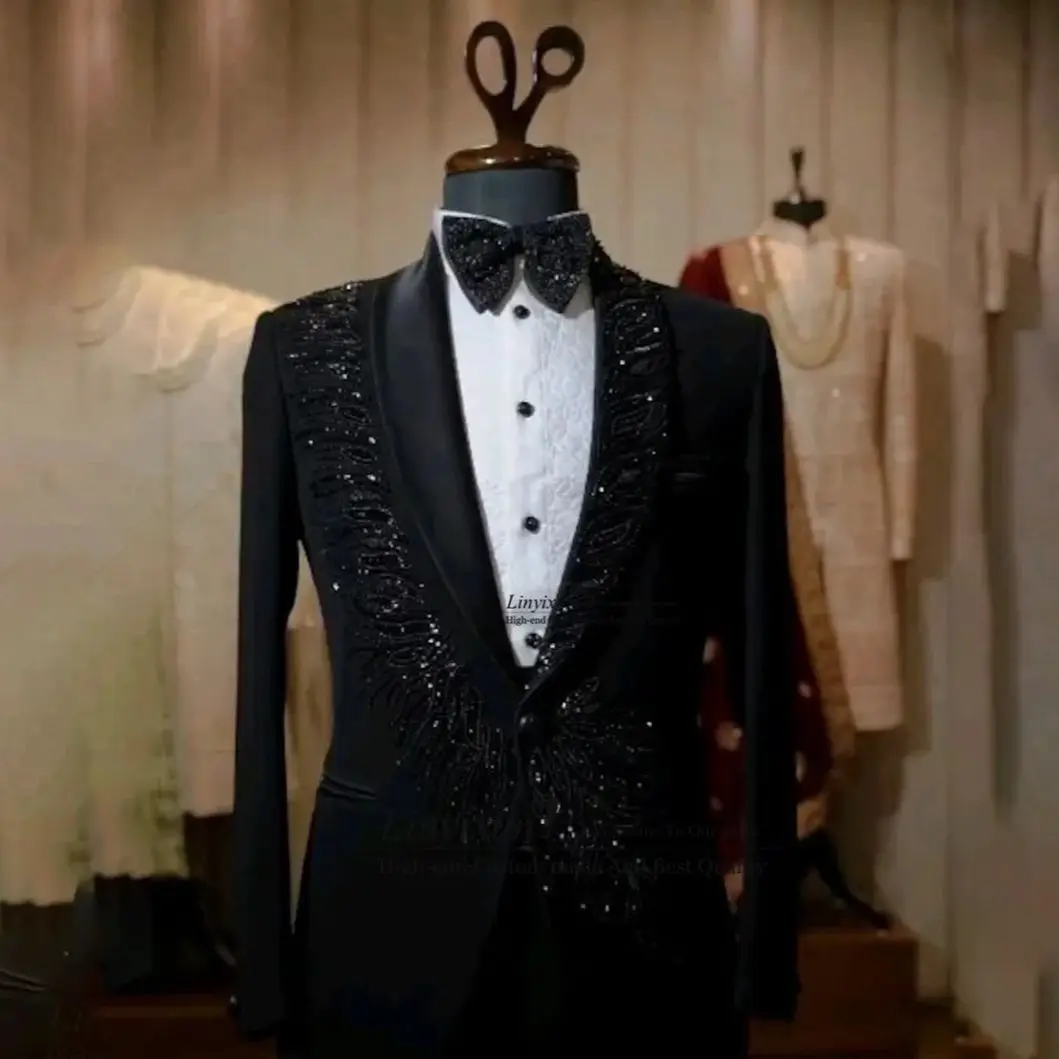 Elegance Embroidered Ornament Tuxedos Men Suits 3 Pieces Wedding Groom Dinner Party Male Prom Blazers Slim Fit Ternos Completo