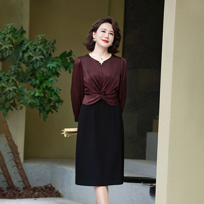 秋冬偽二枚ドレス女性 V ネックパッチワーク気質ファッション長袖ロングドレス