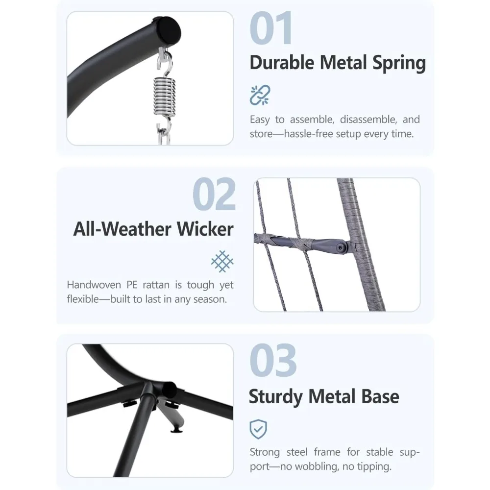 Egg Chair Outdoor with Stand, Indoor Wicker Hanging Egg Swing Chair with Cushion, 350lbs Capacity for Patio, Bedroom