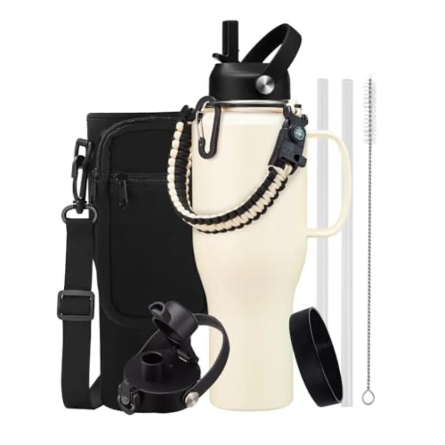 

Термос-бутылка для воды 40 унций с ручкой из паракорда, подходит для автомобильного подстаканника, синяя, с крышкой-поилкой и соломинкой, сохраняет холод до 48 часов и тепло до 24 часов