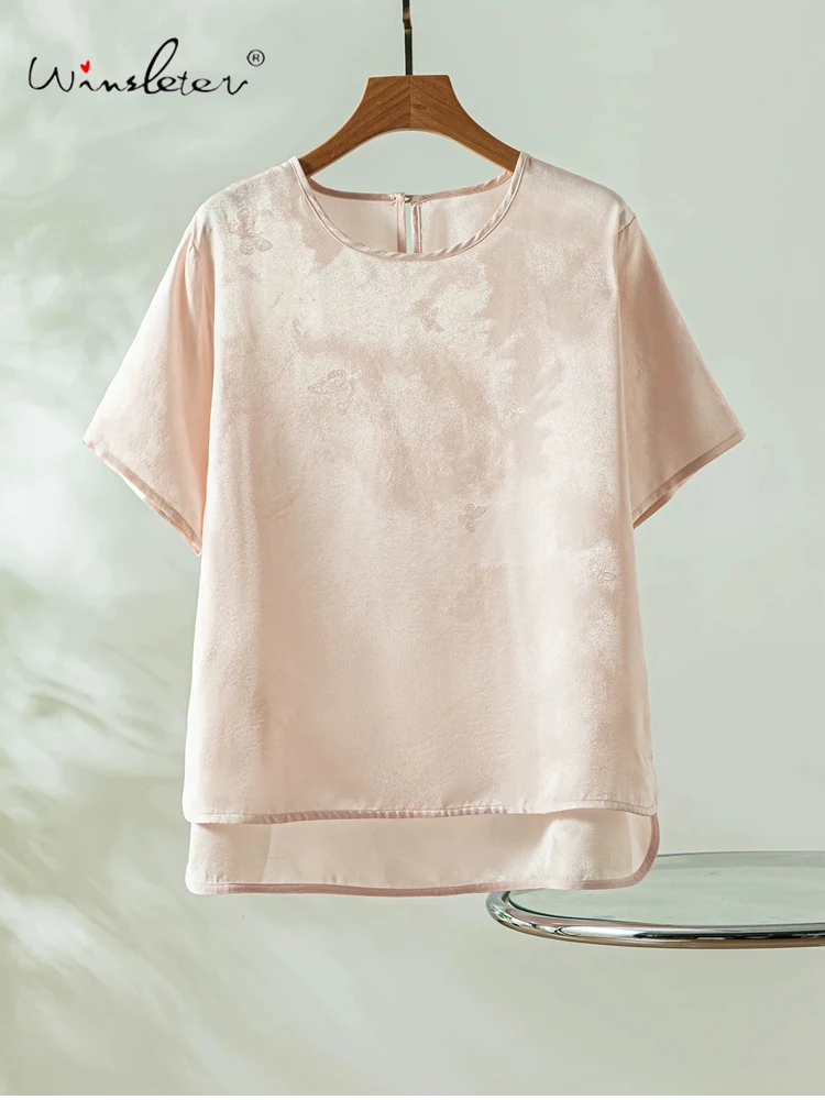 

Winsleter-100%Real Silk Elegant T-Shirt, Short Sleeve Jacquard Satin, Women Versatile OL Commute Loose Top, 2026 Summer T64066CC
