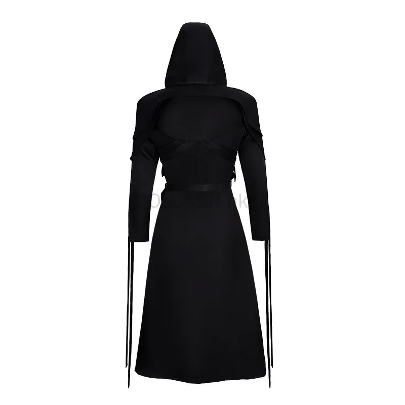 Halloween gótico preto com capuz robe vestido feminino masculino punk estilo escuro manga longa maxi vestido com alças cosplay festa outfit