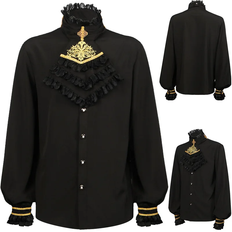 

New European And American Fashion Collar Ruffled Long-Sleeved Shirt With Pleated Cuffs Men's Shirt