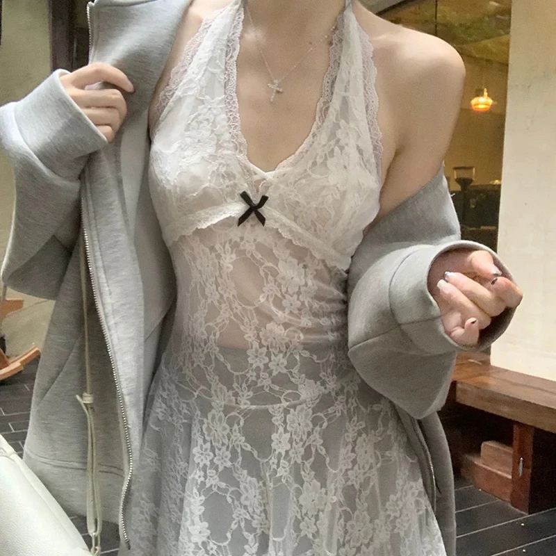 Combhasaki Damen-Sommerkleid mit Neckholder, Blumenspitze, durchsichtig, ärmellos, schmale Passform, rückenfrei, kurzes Mini-A-Linien-Kleid