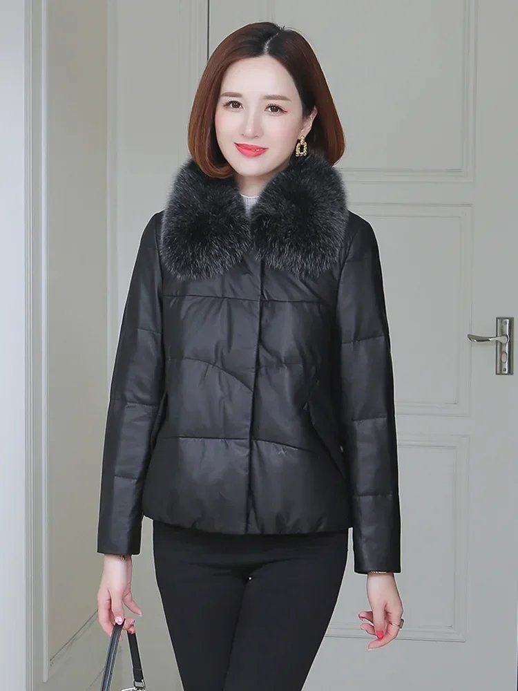 YOLANFAIRY Winter Women Coat Real Fox Fur Collar Genuine Leather Jacket Women Sheepskin Short Leather Down Coats Clothes Jaqueta