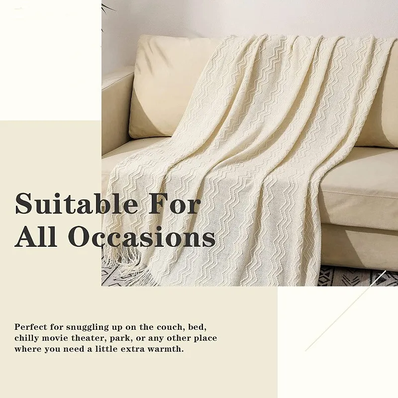 Soft Cozy Knitted Nordic Throw Blanket Cover with Tassel Bed Sofa Travel Plaids for Women Men and Kids Home Decor White