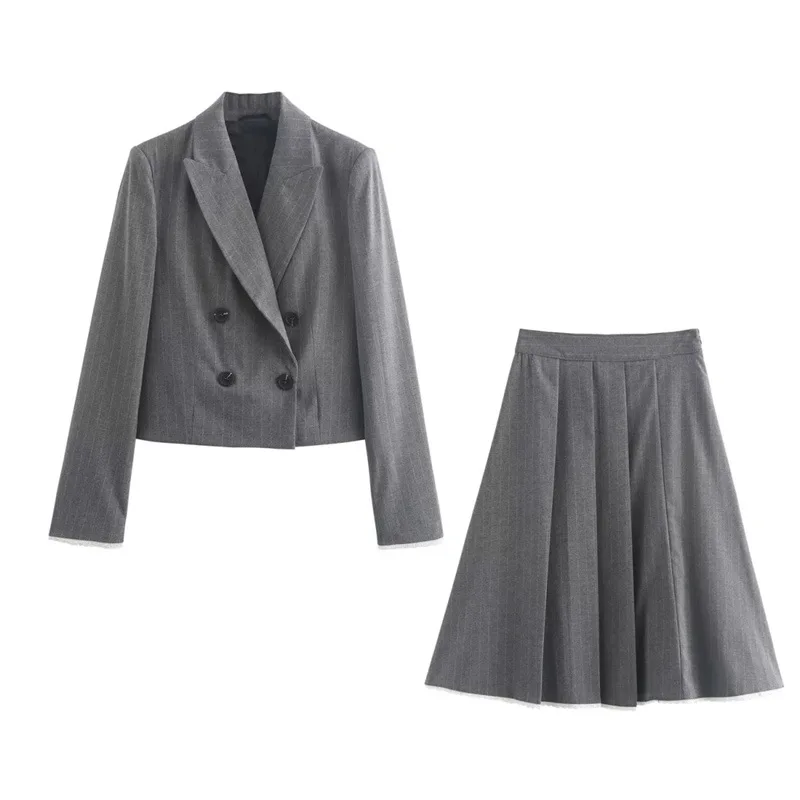 Striped Short Blazer Patchwork Vest Skirt Three-Piece Set