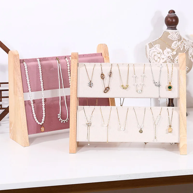 2 Layer Wooden Jewelry Display Stand with Velvet/PU Soft Mat - Necklace Pendant Storage Holder for Window Counter & Trade Show
