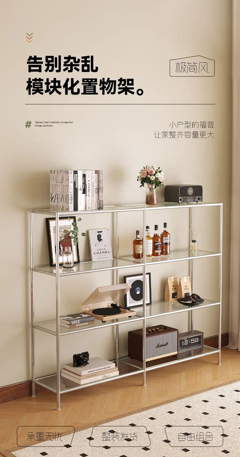 Shelf Medieval stainless steel multi-layer storage rack Light  high-end glass bookshelf Shoe bag display rack