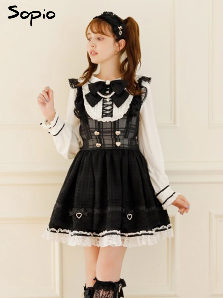 

Платье-фартук в клетку с оборками для женщин, весна-лето, с длинными рукавами, с лямкой, милый, кавайный, в стиле Лолита, 2026