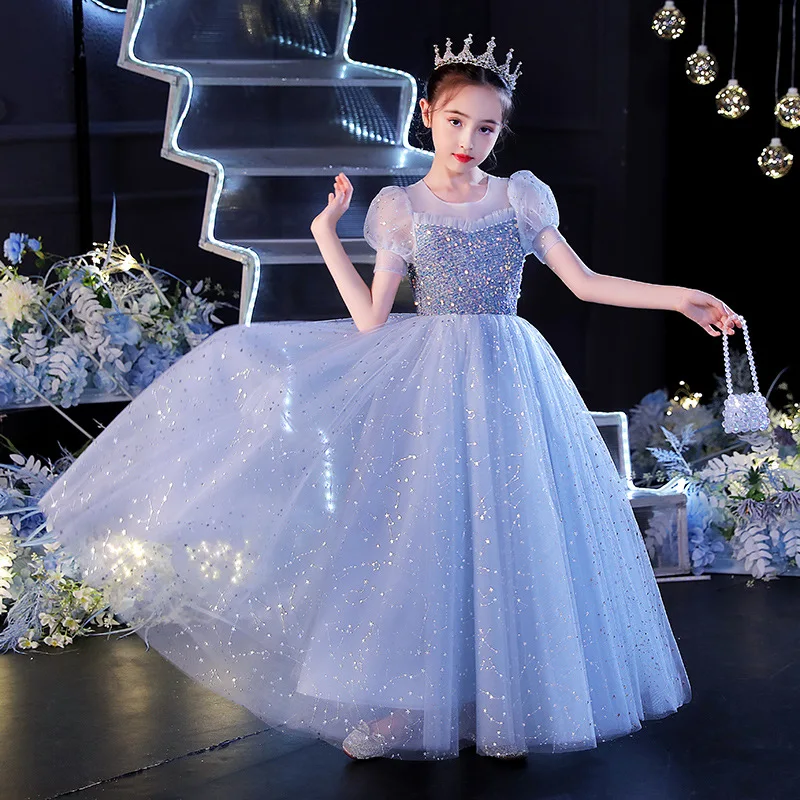 Child Girls Blue Puffy Dresses for Elegant Party and Wedding Pageant Ball Gowns Luxury Kid Evening Formal Special Occasion Dress