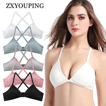 Sexy Deep V Cotton Wireless Bras For Women Thin French Style Small Chest Bralette Triangle Cup Cross Beauty Back Bra