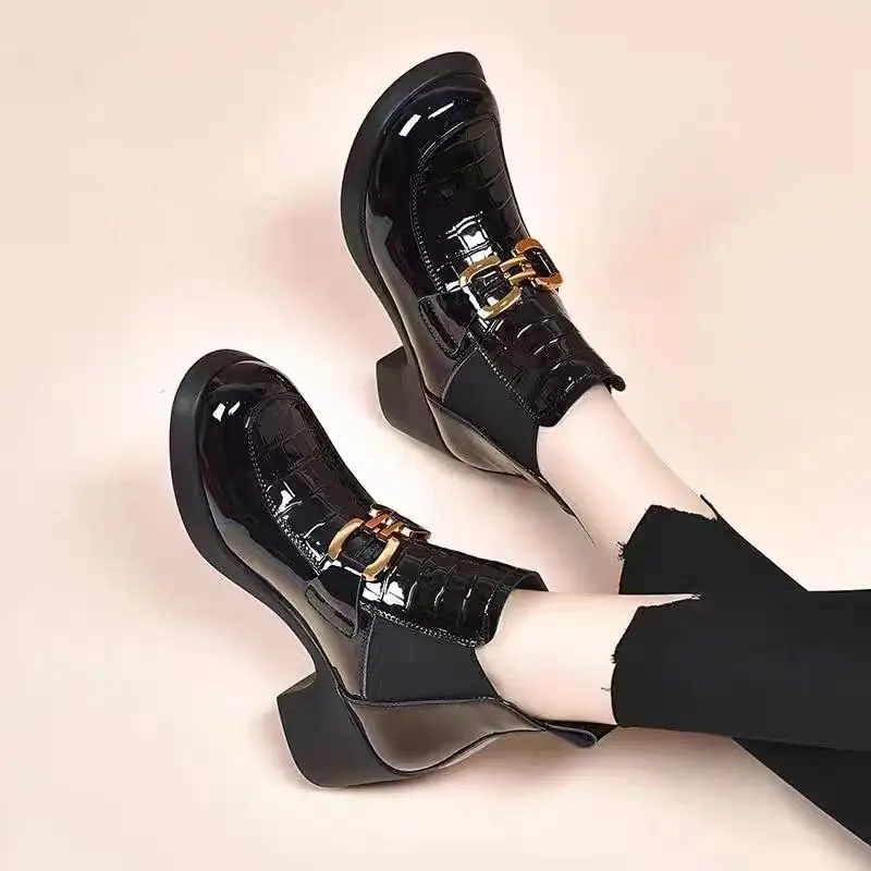 FHANCHU 2023 New Chelsea Ankle Boots,High Heeled Botas,Round Toe Patent Leather Autumn/Winter Shoes,Size 35-40,Black,Dropship