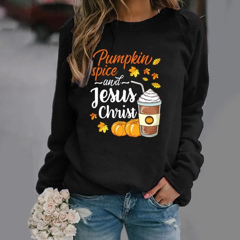 New Pumpkin Spice and Jesus Christ Women's Long Sleeve Pullover Personalized Creative Fall Casual Sweater