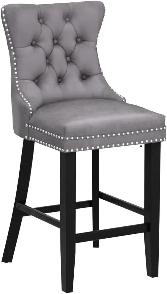 벨벳 바 스툴 4개 세트, 27' 카운터 높이, 등받이가 있는 덮개, 나무 다리, 회색
