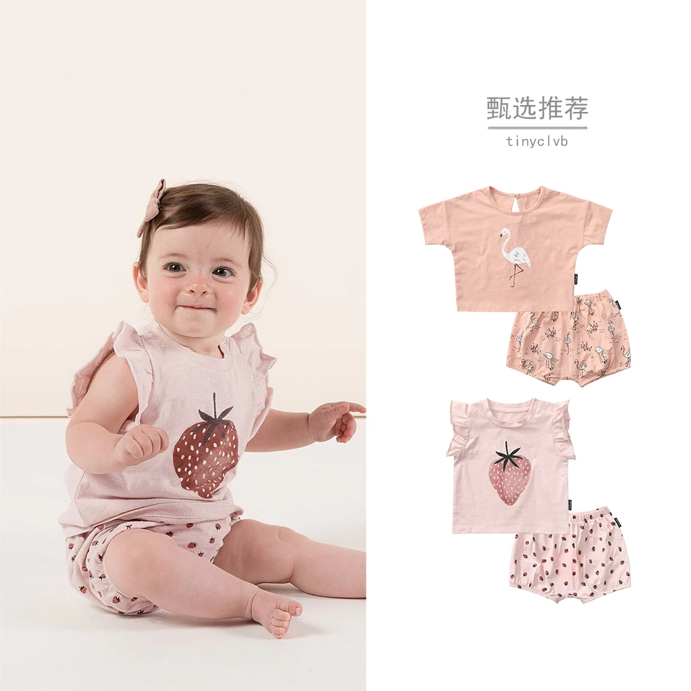 

Jenny&DaveStrawberry white crane small suit baby cotton bamboo knot flower summer male baby short sleeve top female light weight