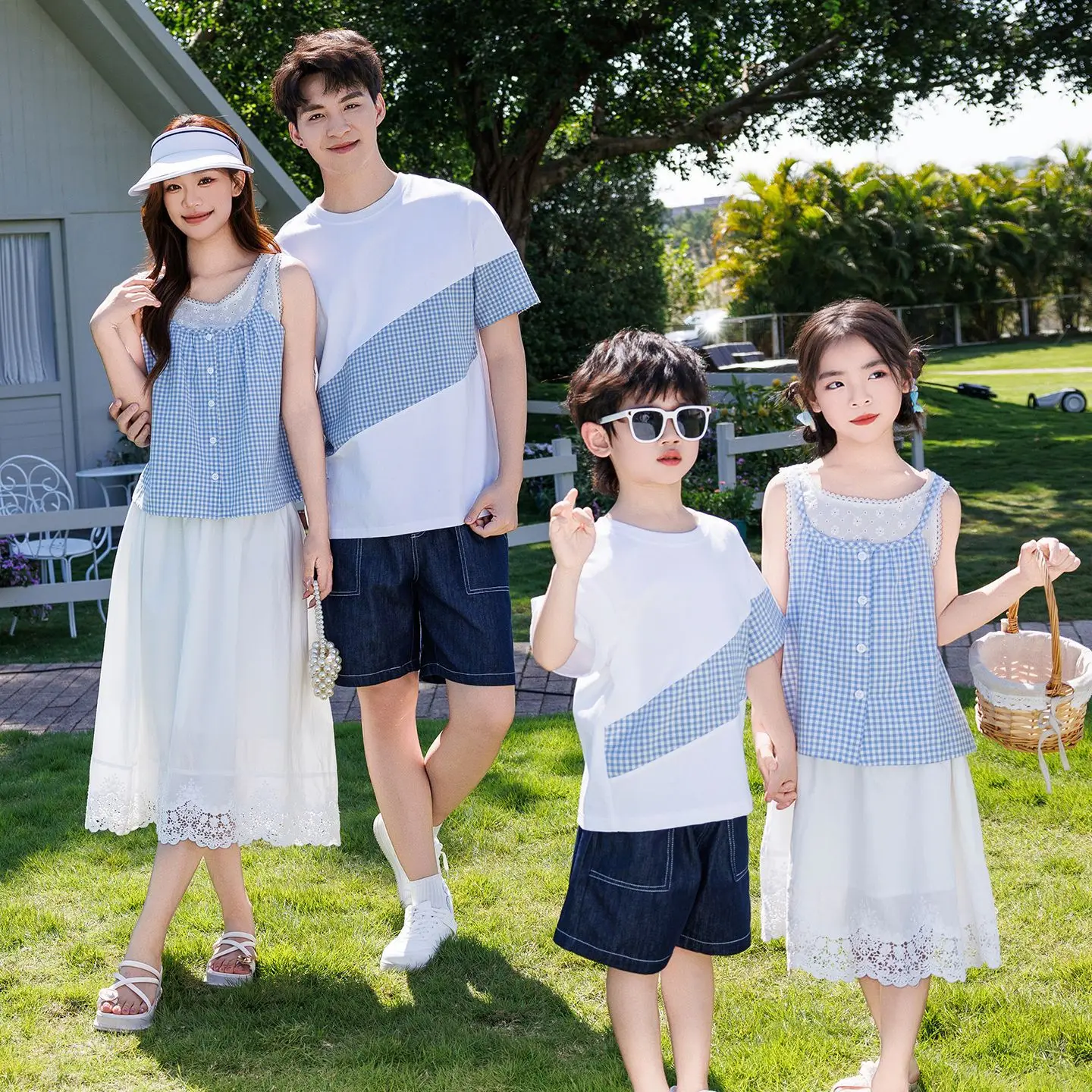 

2026 Summer Plaid Fake 2-in-1 Family Matching Outfits for Mom Dad Kids Lace skirts Set Beach Vacation Photoshoot
