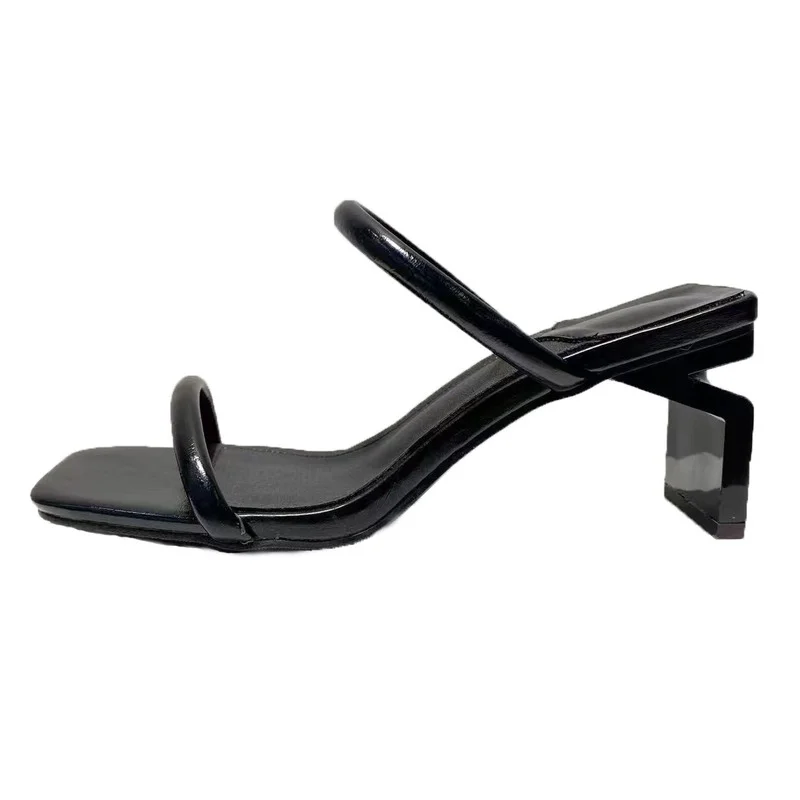 High-heeled Sandals Women's Summer 2022 Crystal Heels Outwear Large Size One Word Square Open Toe Brand Slippers and Sandals