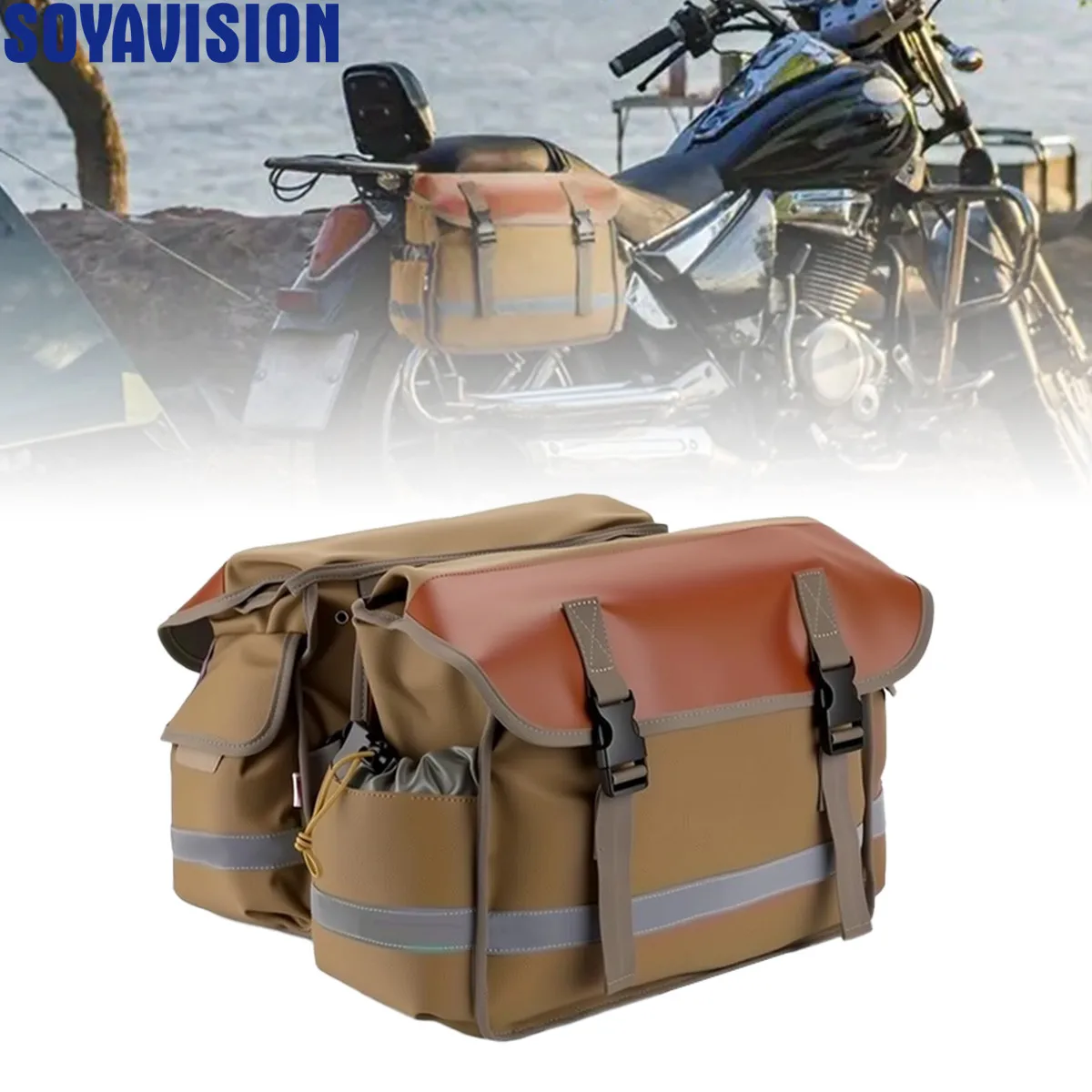 Motorcycle Saddle Bag Black/Brown/Green Canvas Waterproof Panniers Motorbike Luggage Fit Touring For Kawasaki, Suzuki, Vulcan Et