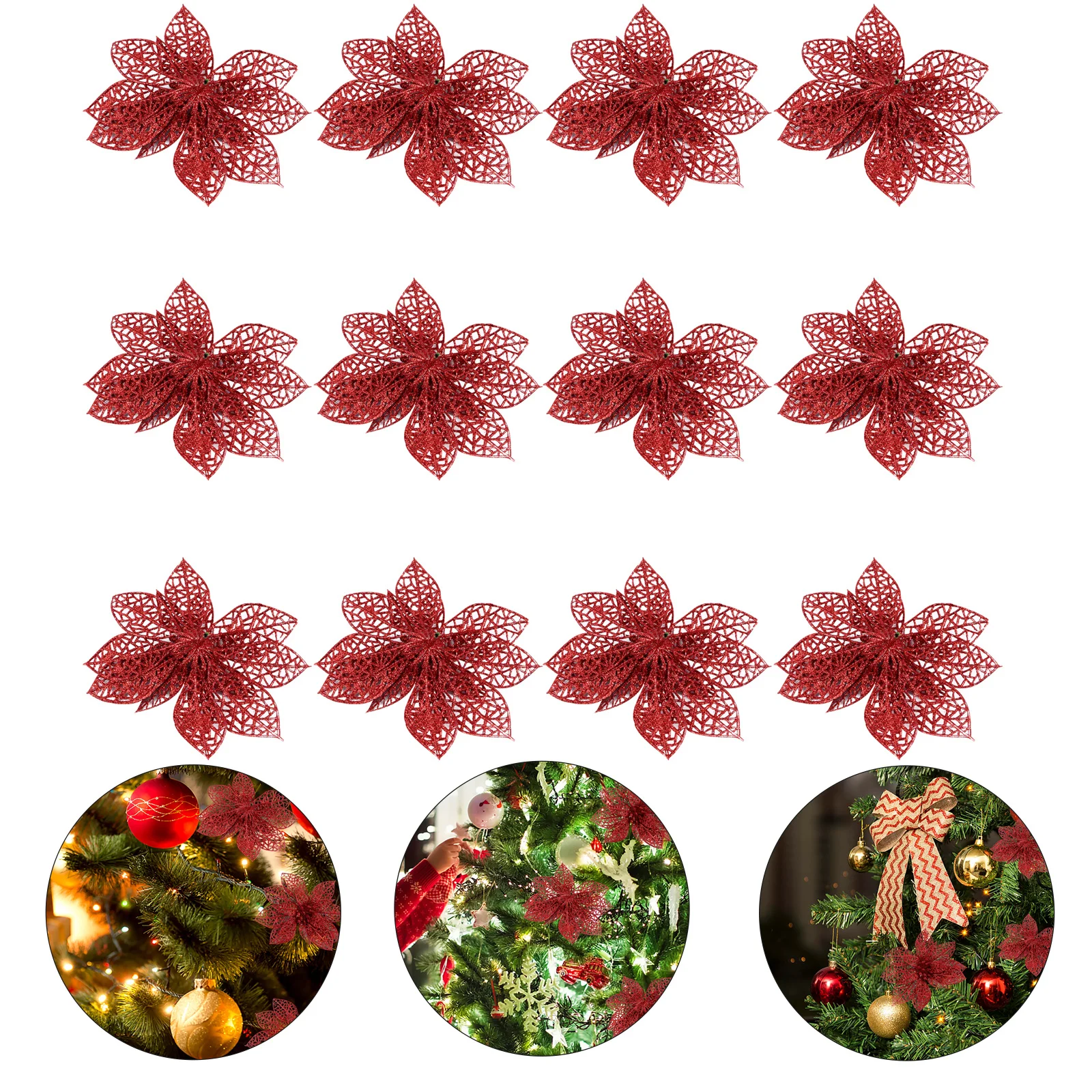 

24Pcs Red Artificial Christmas Flowers Stylish Adornments for Home Party Decoration Classic Design Festive Fake Flowers
