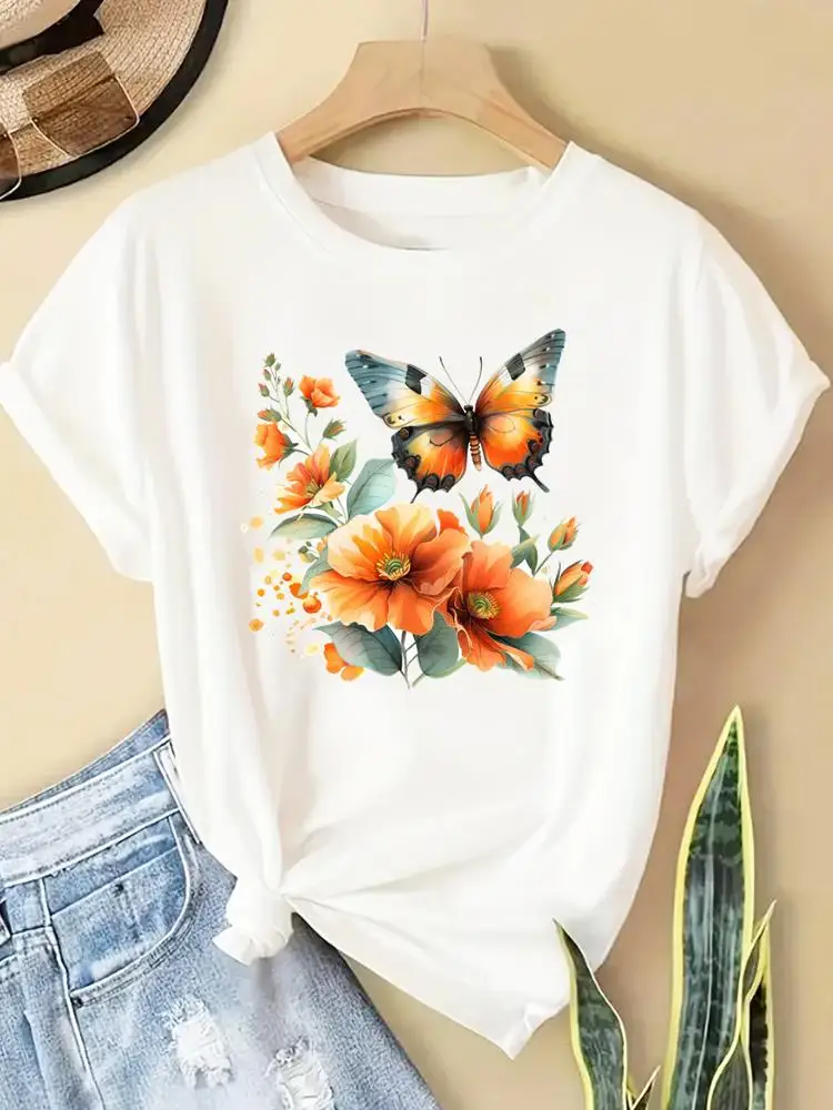 جميل زهرة نمط لطيف طباعة عادية T السيدات شعبية س الرقبة موضة الملابس تيز المرأة الجرافيك تي شيرت ملابس قصيرة الأكمام