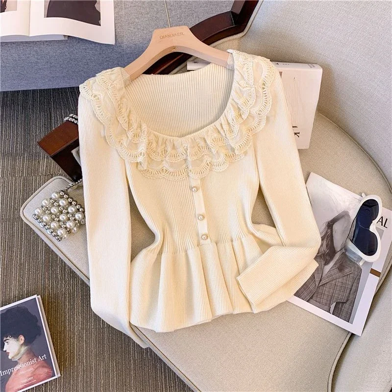 OCEANLOVE Lace Ruffles Sweaters Women Tops Peter Pan Collar Patchwork Elegant Pull Femme Korean Fashion Autumn Winter Pullovers