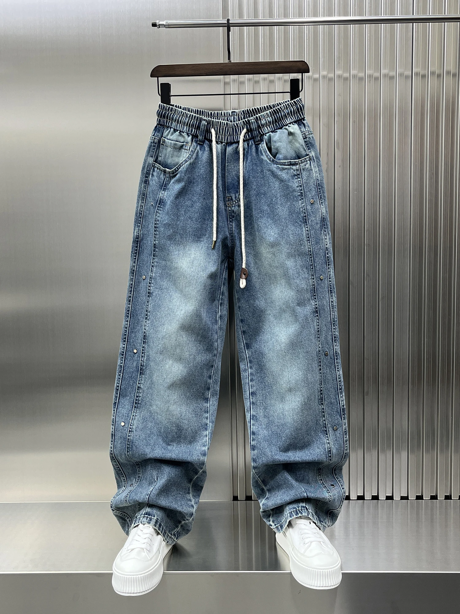 

Модные мужские джинсы большого размера с синей талией, новые весенние свободные молодежные прямые брюки длиной до пола, прочные, износостойкие