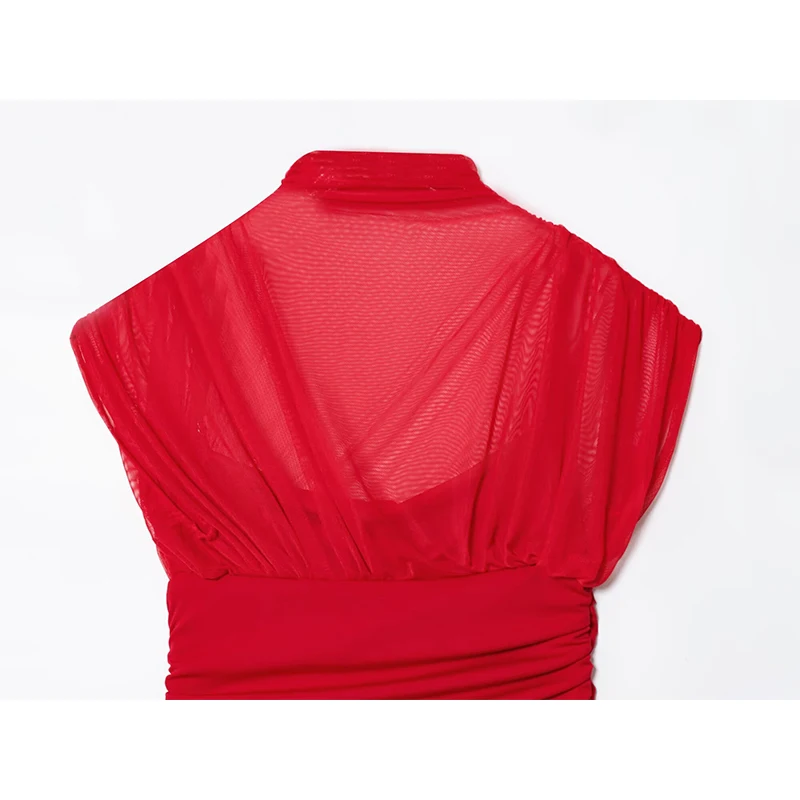 YENKYE Rosso Pieghettato Abiti Lunghi Da Sera Del Partito Per Le Donne di Modo Semitrasparente Maglia Patchwork Collo Alto Vestito Sexy Maxi Abiti