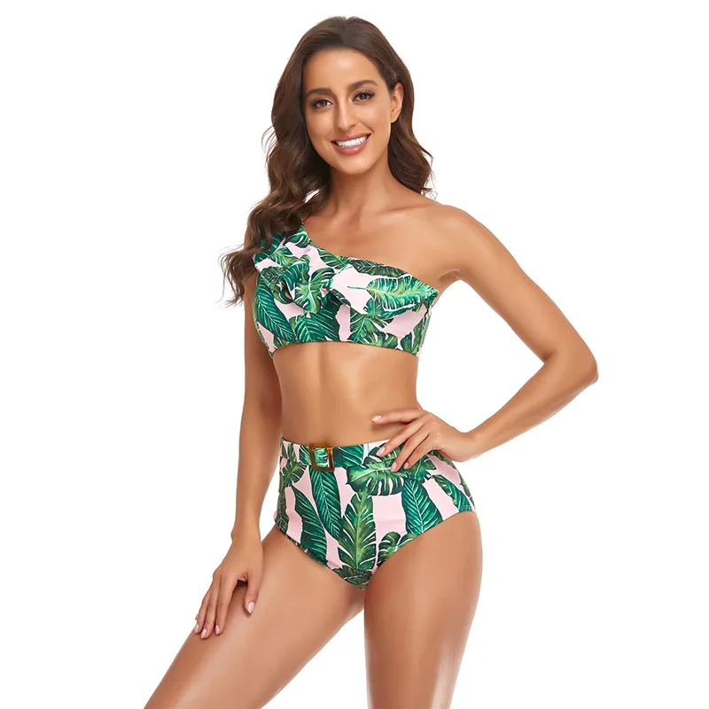 

Sexy One Shoulder Bikini Swimwear 2-Piece Women High Waist Swimsuit Feminine Ruffled Hem Bathing Suits Solid Printed Bikinis Set