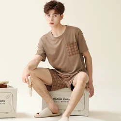 Conjunto de pijamas con estampado a cuadros para hombre, ropa de dormir de algodón de punto para el hogar, Tops de manga corta y pantalones cortos, 2 unids/set