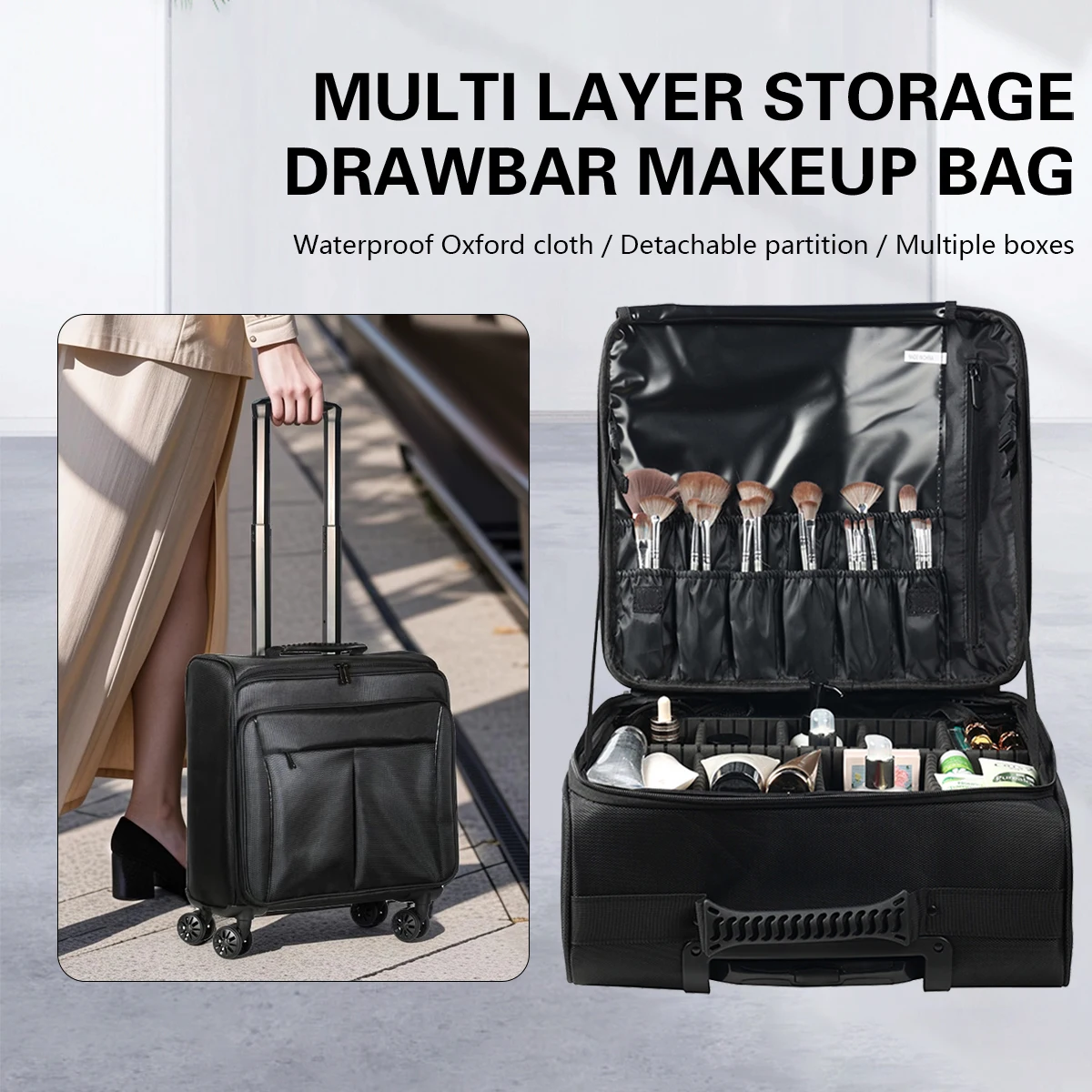 

Travel Makeup Artist Bag with Wheels Cosmetic Brush Storage Beauty Tool Organizer Rolling Suitcase for Artists
