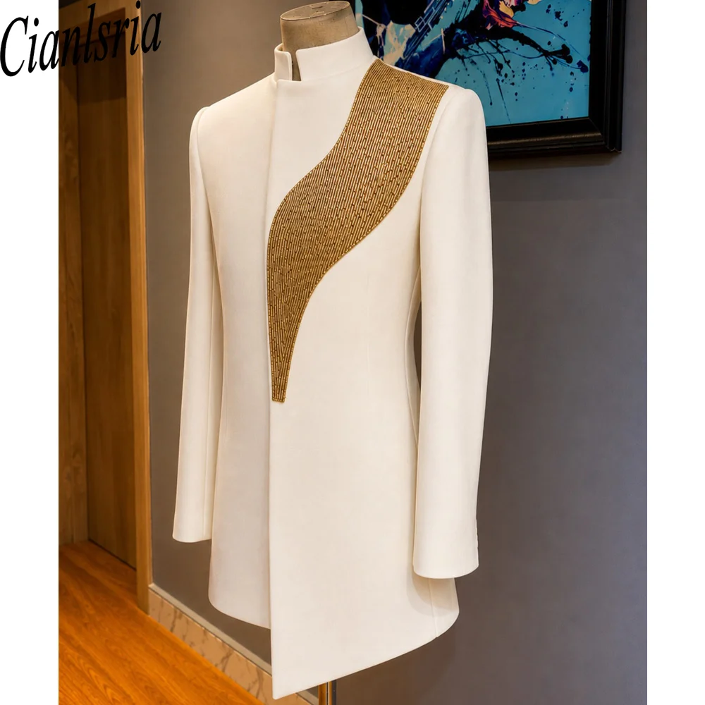 Men's White Stand Collar Tuxedo Blazer Long Sleeve Gold Sequin Patchwork Suit Jacket Slim Fit Party Prom Wedding Formal Coat