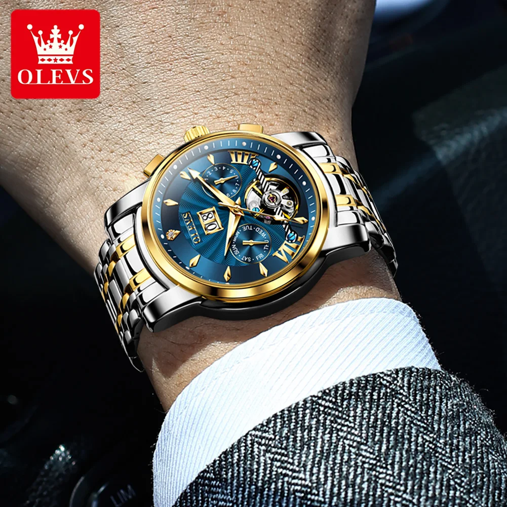 OLEVS 9965 New Automatic Mechanical Watch For Men Skeleton Flywheel Waterproof Men\'s Watches Week Calendar Luxury Man Wristwatch