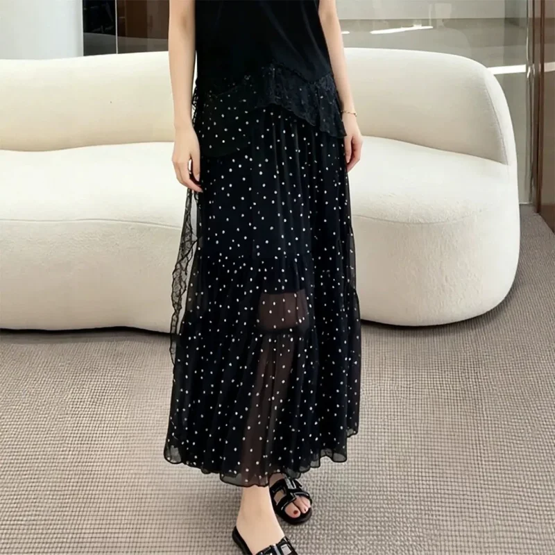 French Elegant Oil Painting Print A-line Lace Satin Midi Skirt Women High Waist Slim All Match Casual Dress