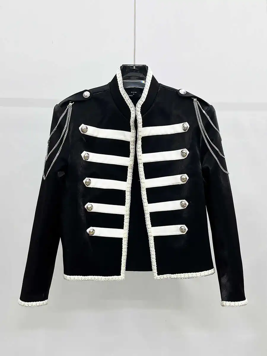 Black White Contrast Color Chain Decorative Performance Jackets Fashion Men's Handsome Personality Male Coats Long-sleeve Jacket