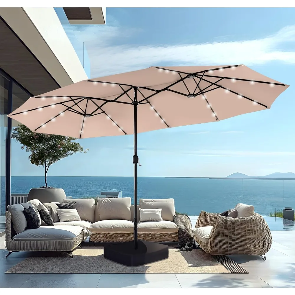 

Brand new 15ft Large Patio Umbrella with Base & Solar Lights, Double-Sided Outdoor Rectangle Umbrellas with 36 LED Lights