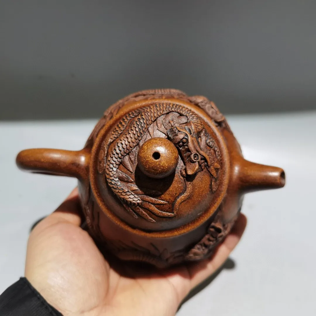 Yixing Purple Clay Teapot High relief Chinese Loong pattern Dragon shaped  wine pot Kettle Teapot Amass wealth Ornaments Town