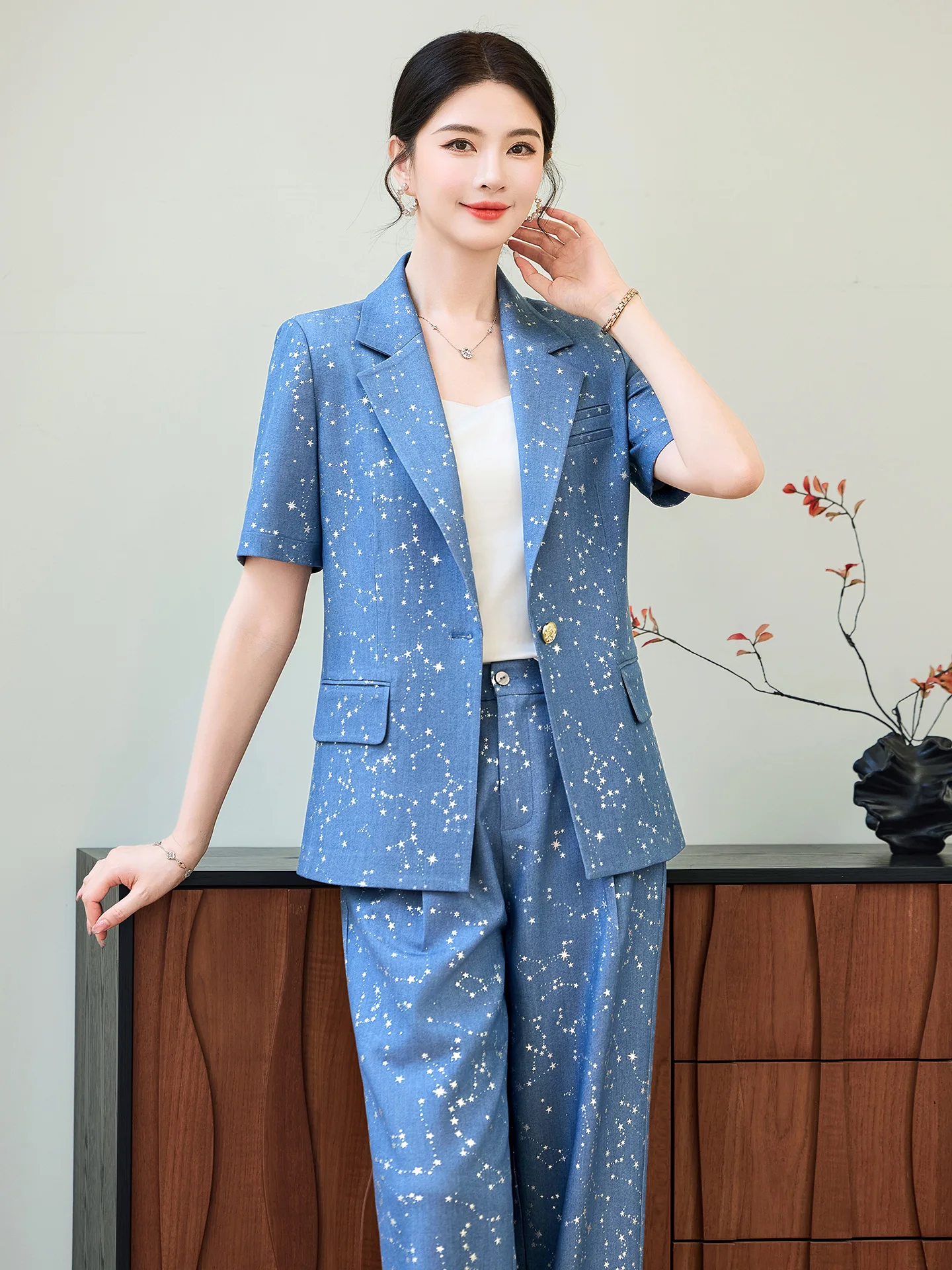 Fashion Blue Yellow Short Sleeve Professional Suit Women New Summer Elegant Formal Slim Blazer And Pants Office Ladies Work Wear view 3