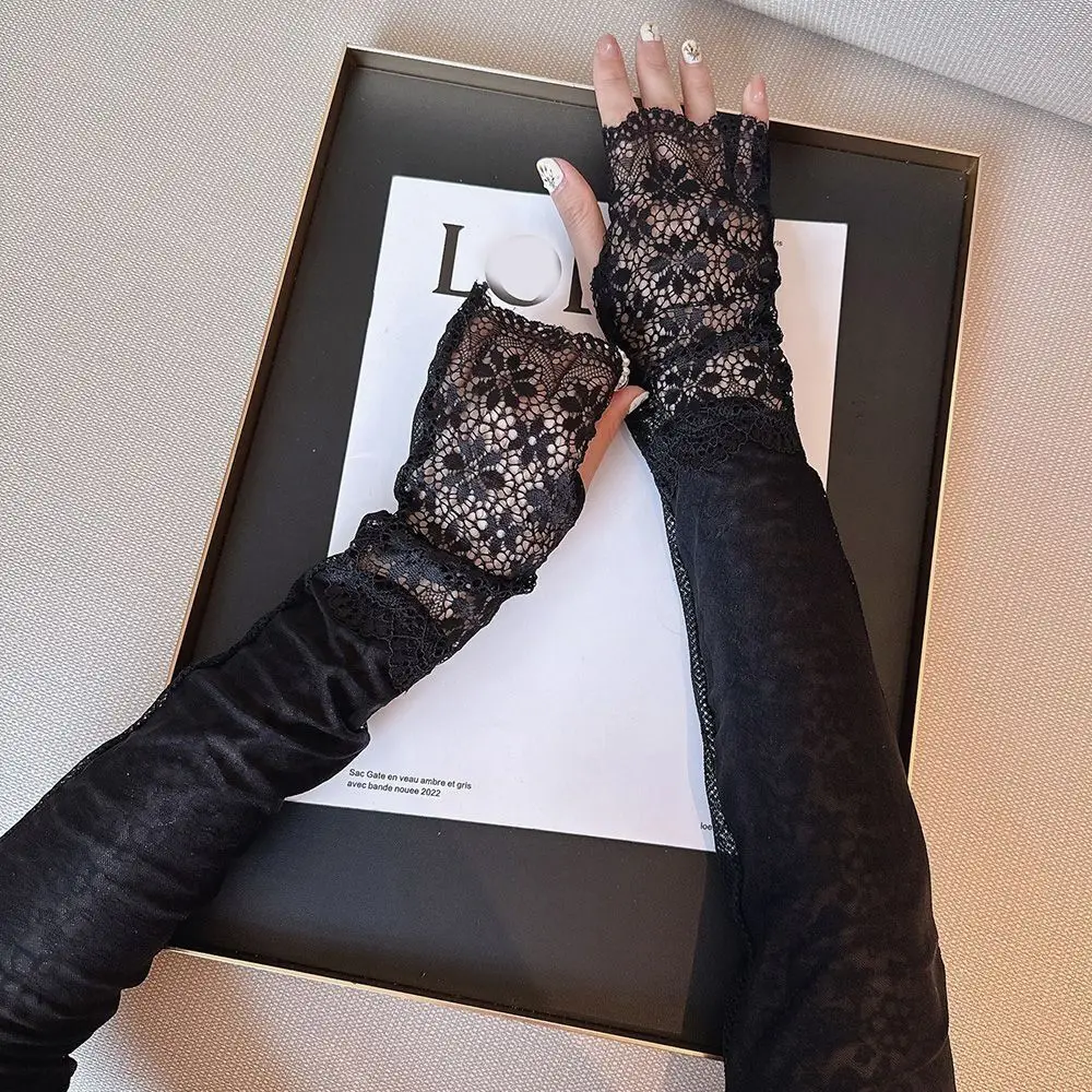 

Anti-UV Lace Ice Silk Sleeves Sun Protection Long-sleeved Glove Sunscreen Sleeve UV Insulation Arm Covers Cycling Gloves Women