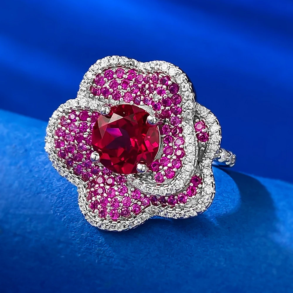 Wong Rain 100% 925 Sterling Silver Flower Ruby High Carbon Diamond Gemstone Wedding Fine Jewelry Sparkling Ring for Women Gifts