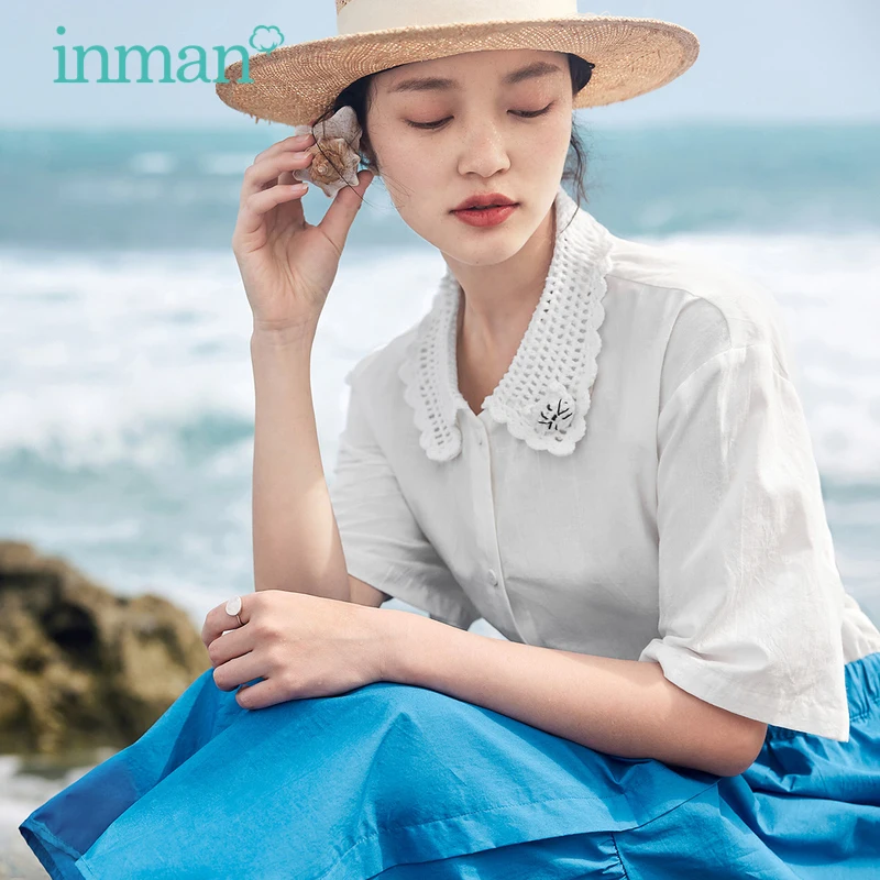 INMAN Women Shirts 2023 Summer Drop Shoulder Short Sleeve Knitted Brooch Collar Loose Blouse Pure Cotton Casual Chic White Tops