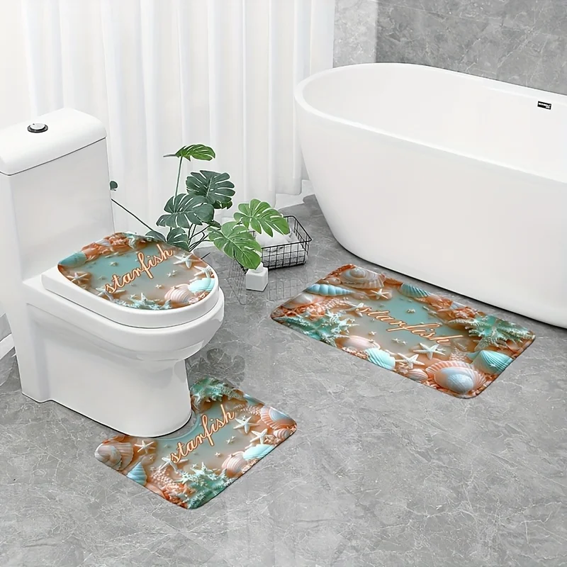

3-piece ocean - themed bath carpet set: U - shaped base, absorbent, washable anti - slip mats