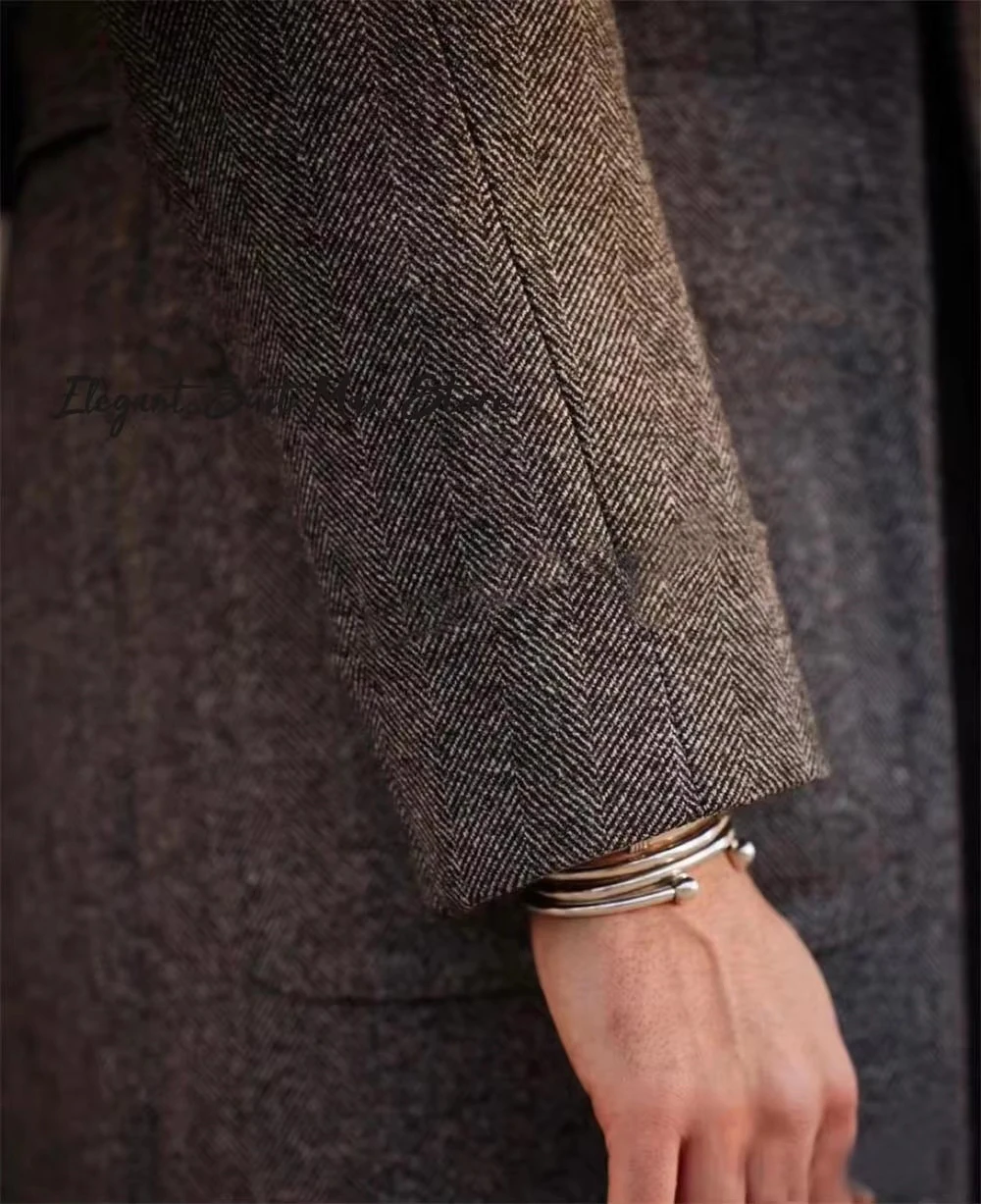 Langer Business-Mantel für Herren aus italienischer Fischgrätenmuster, Herbst-Winter, zweireihig, klassische Anzüge, lange Mäntel